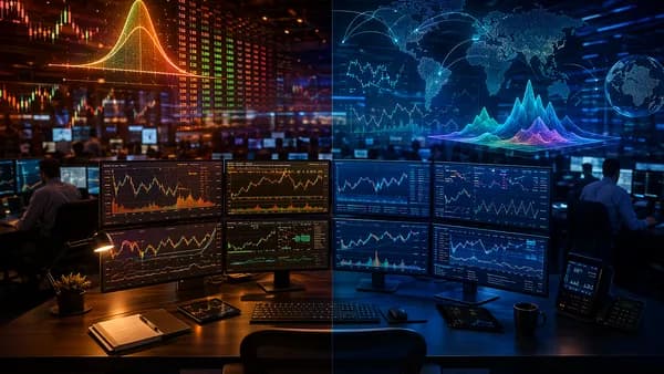 Split trading desk visualizing options income versus global brokerage tools and risk analytics.