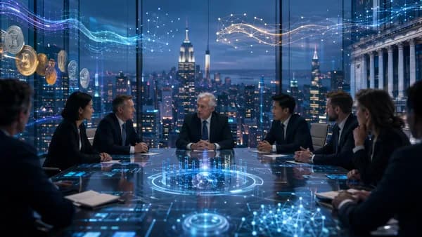 Generic fintech executives discuss tokenized exchange assets in a futuristic New York boardroom.