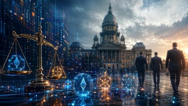 Illinois capitol with crypto tokens and financial data symbolizing backlash over a new crypto service tax