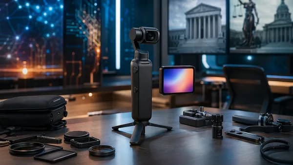 Compact gimbal camera with detachable screen in a futuristic creator workspace.