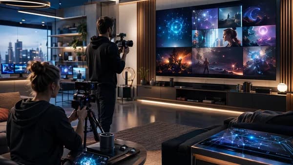 Futuristic living room studio with smart TV showing abstract streaming video panels and creator filming setup