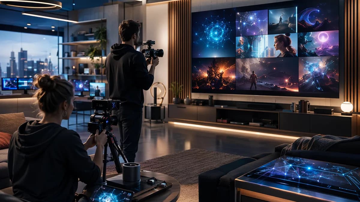 Futuristic living room studio with smart TV showing abstract streaming video panels and creator filming setup