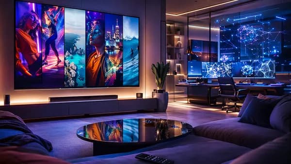 Modern living room with a smart TV showing colorful vertical social video panels, no logos or text.