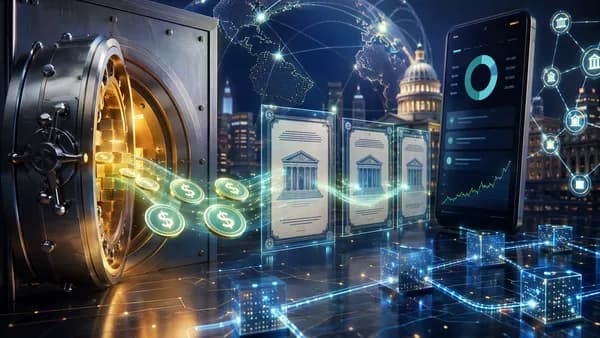 Tokenized Treasury reserve fund concept with digital tokens, banking vault, and blockchain payment rails