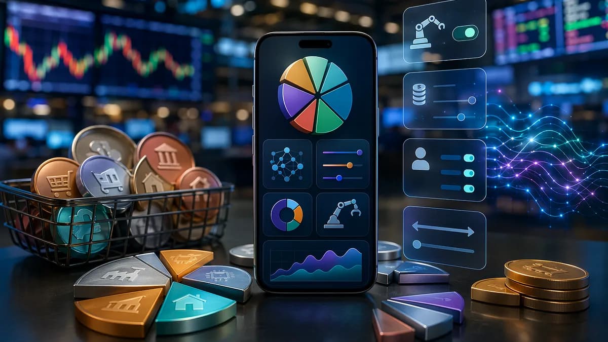 Smartphone with abstract fractional ETF portfolio visuals on a trading floor with market charts.