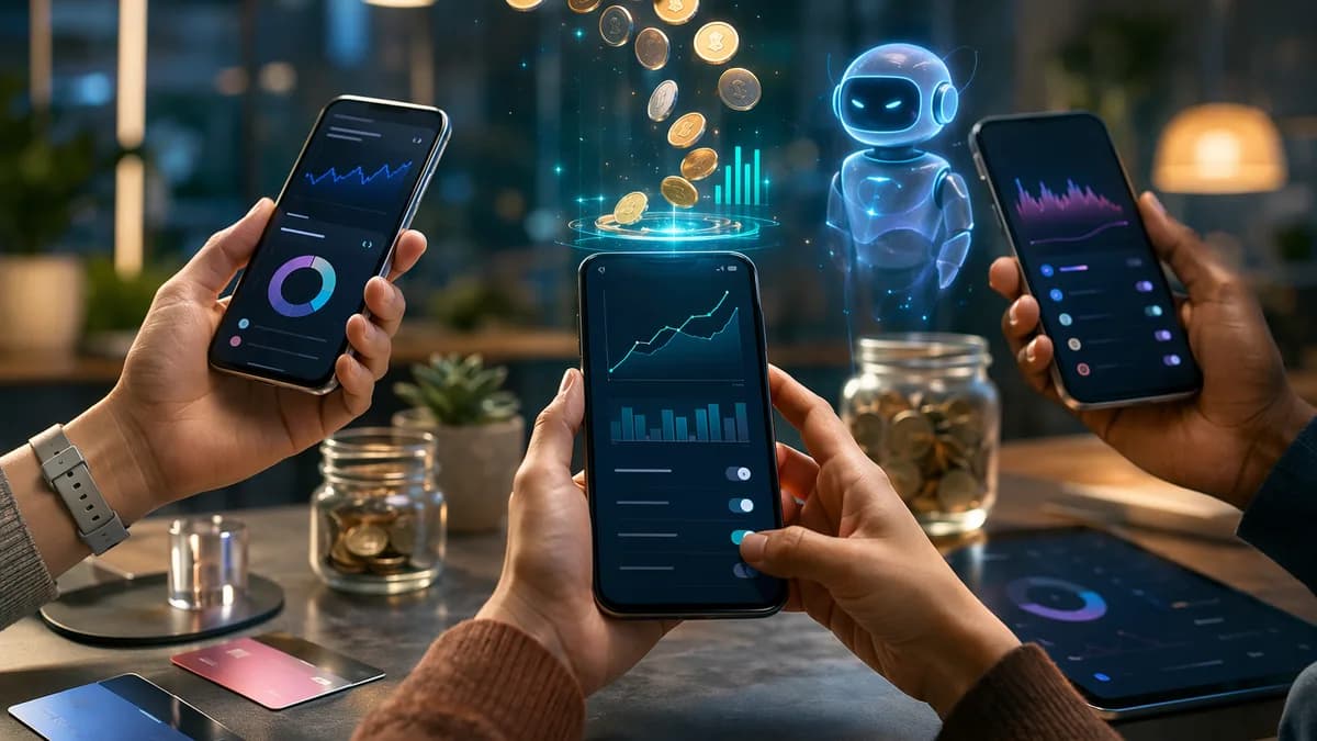 Smartphones with automated investing dashboards, coins, and a robo-advisor on a modern fintech desk
