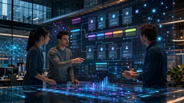 Startup founders using an AI-powered investor CRM pipeline in a futuristic workspace.