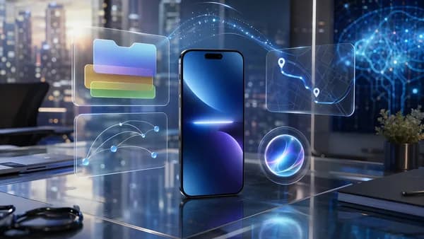 Premium smartphone with abstract floating app features in a futuristic AI workspace.