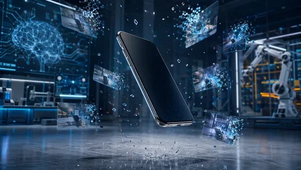 Unbranded smartphone prototype falling in a futuristic lab as holographic clips dissolve into pixels.