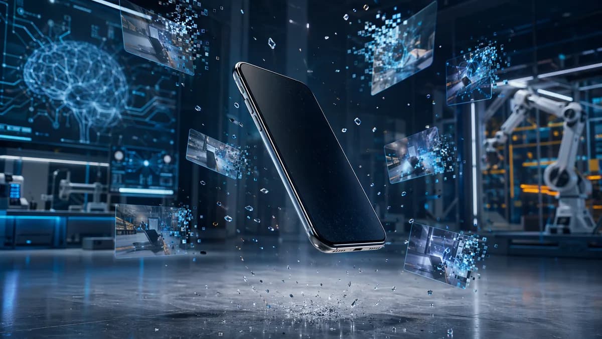 Unbranded smartphone prototype falling in a futuristic lab as holographic clips dissolve into pixels.