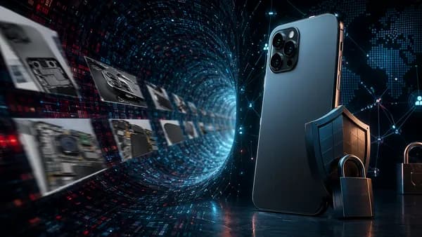 Unbranded smartphone prototype amid dark web data streams, locks, shields, and supply-chain breach visuals.