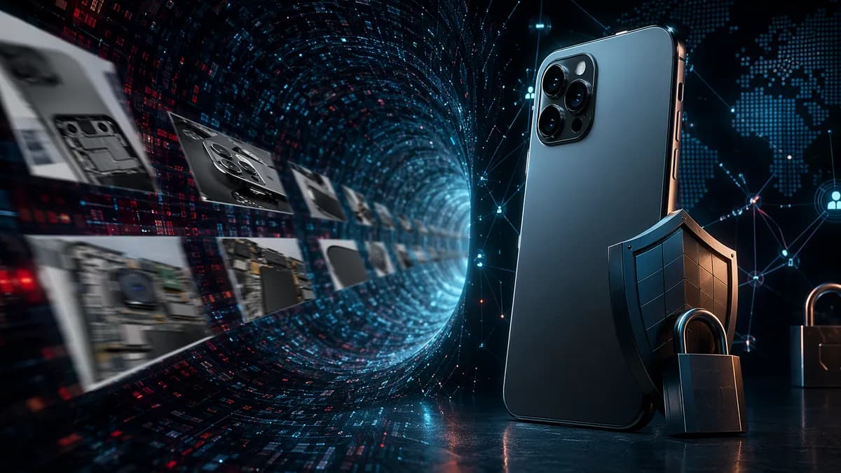 Unbranded smartphone prototype amid dark web data streams, locks, shields, and supply-chain breach visuals.