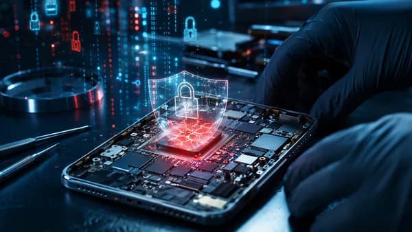 Generic older smartphone chip shown with a cracked security shield in a dark cybersecurity scene.