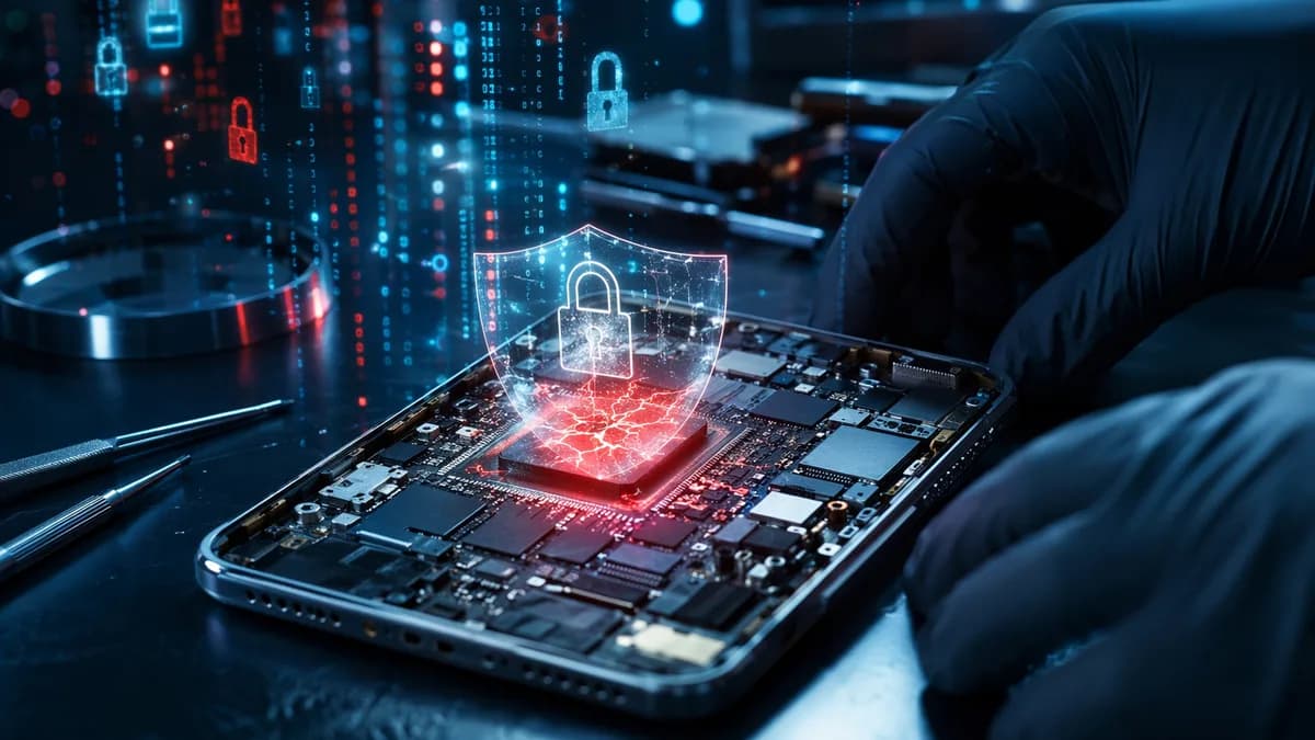 Generic older smartphone chip shown with a cracked security shield in a dark cybersecurity scene.