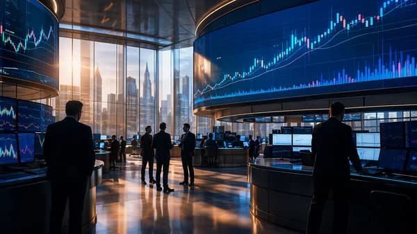 Wall Street traders analyze disciplined IPO market activity on glowing abstract financial screens.