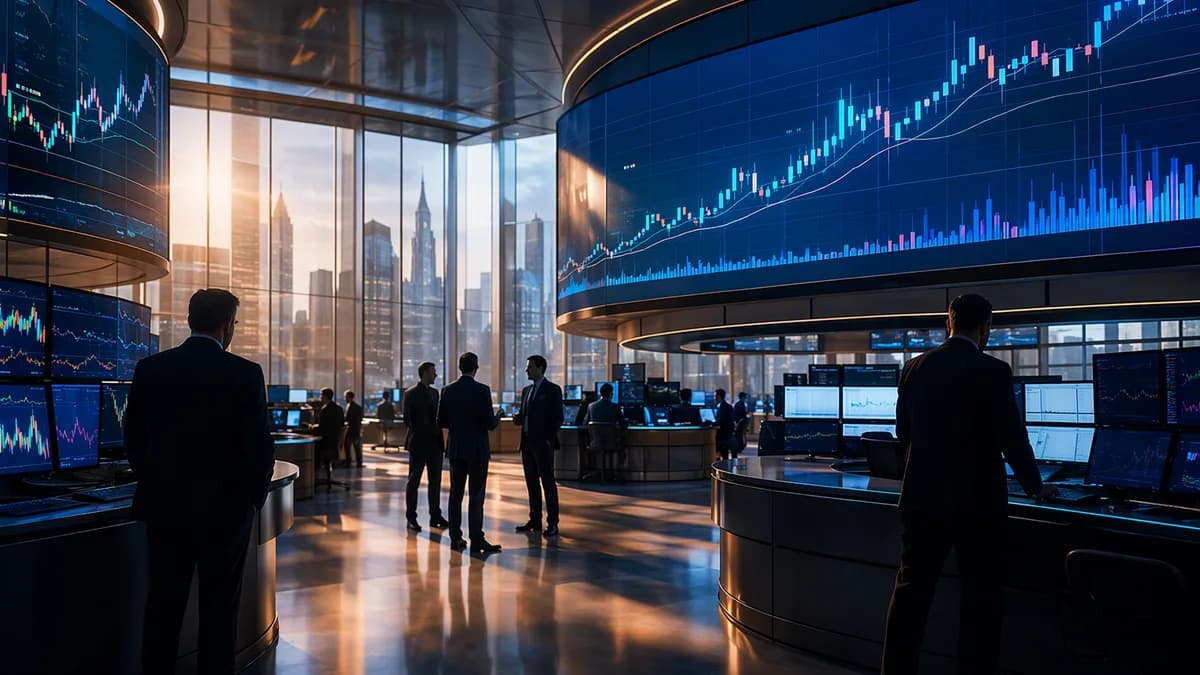 Wall Street traders analyze disciplined IPO market activity on glowing abstract financial screens.