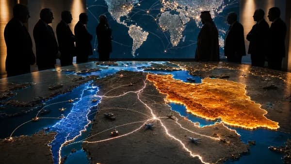 Middle East map with glowing connections symbolizing geopolitical tension and fragile diplomacy.