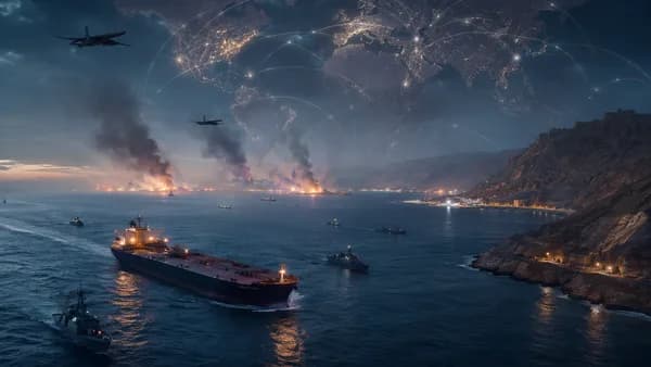 Oil tankers and naval ships in the Strait of Hormuz under a tense geopolitical map overlay.