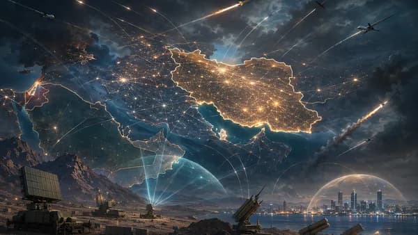 Missile and drone trails over a glowing Middle East map with regional air defense systems active