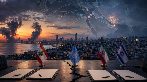 Beirut skyline with smoke, fractured diplomacy table, and global map connections symbolizing a peace deal at risk.