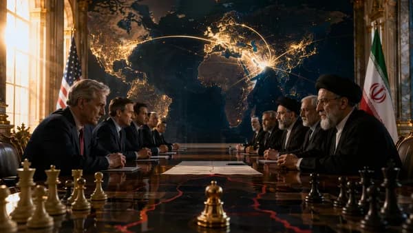 Diplomatic Iran-US peace deal scene with world map, fading red lines, and shifting geopolitical leverage.