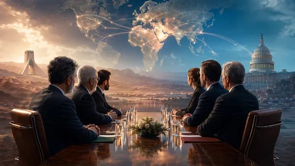 Diplomatic table with world map links, Capitol silhouette, and Middle East focus symbolizing Iran peace talks.