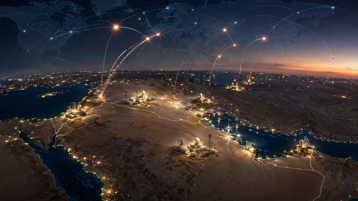 Night aerial view of Middle East with interception trails, radar sites, and global connection lines.