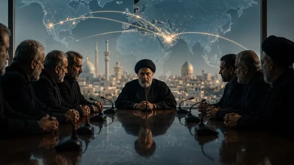 Iranian hardliners debate a peace deal amid a global map and tense geopolitical atmosphere.