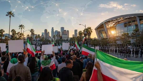 Iranian-American protesters near a stadium with global map overlay and geopolitical atmosphere