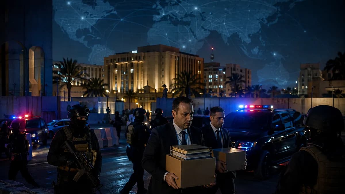 Night raid near Baghdad government buildings with officials escorted amid global corruption scrutiny.