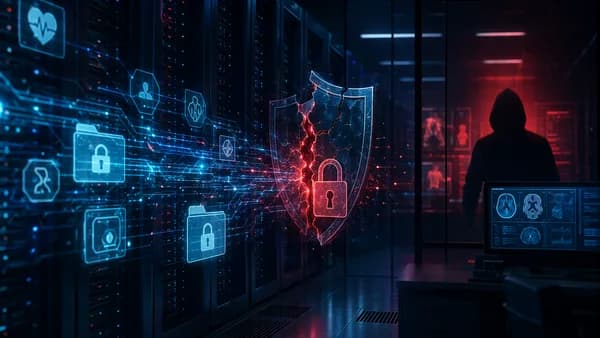 Hospital data breach scene with hacker silhouette, broken shield, locks, and glowing medical data streams.