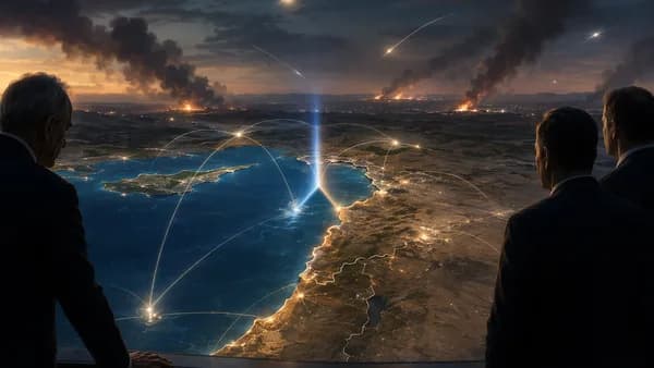 Ceasefire tension over Lebanon-Israel border shown on a glowing global map with smoke and connection lines