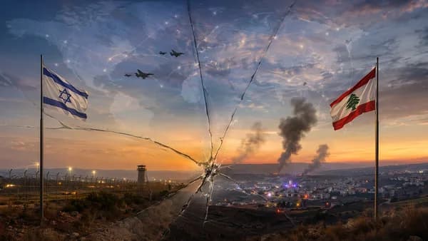 Dusk border scene with smoke, aircraft silhouettes, cracked ceasefire glass, and global map connections.