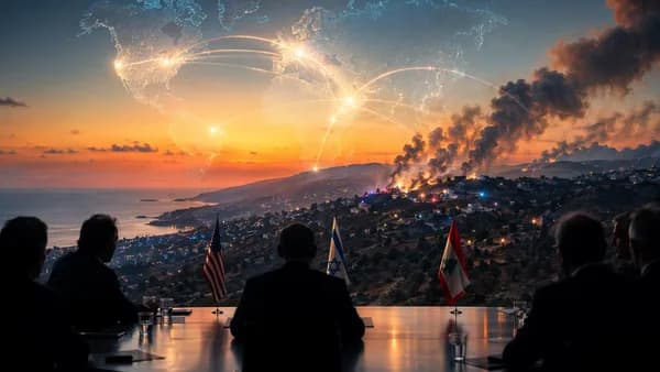 Distant smoke over southern Lebanon with global map connections suggesting fragile peace talks