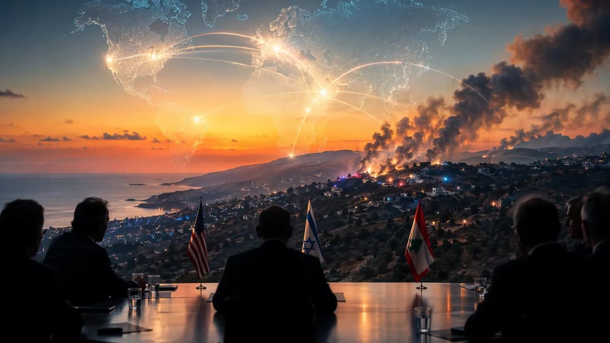 Distant smoke over southern Lebanon with global map connections suggesting fragile peace talks
