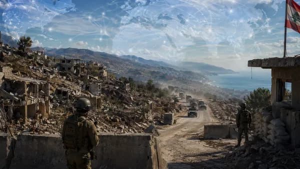 Destroyed southern Lebanese villages under tight control with convoy and global map overlay.