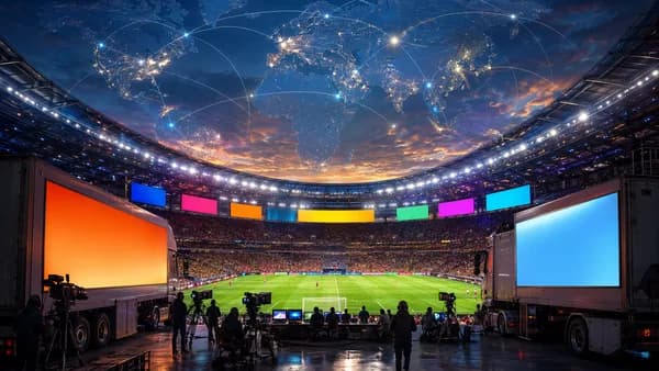 Football stadium with broadcast cameras and global map connections symbolizing World Cup advertising.
