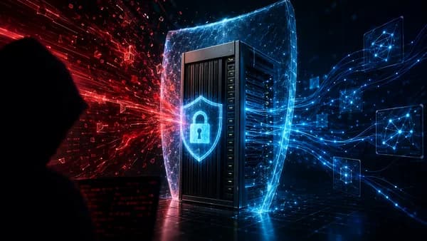 Enterprise server shielded from red cyberattack streams, symbolizing critical Ivanti Sentry flaws.