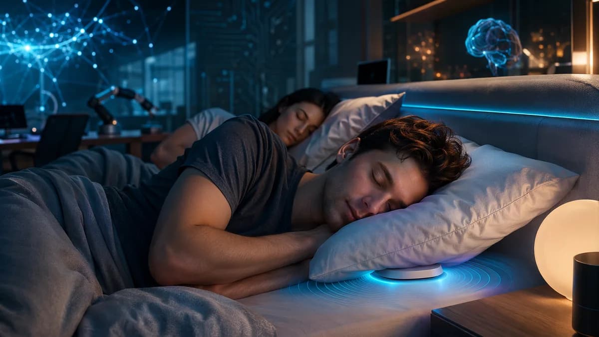 Thin under-pillow speaker in a futuristic bedroom helping a sleeper rest without disturbing a partner