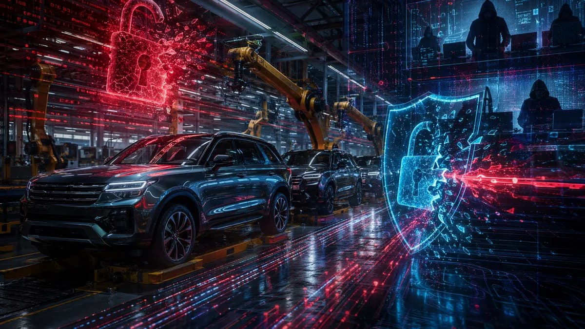 Unbranded car factory under cyberattack with red data streams, cracked shields, and shadowy hackers