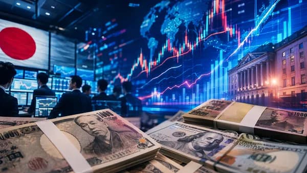 Yen banknotes on a trading floor with rising market charts and cinematic financial data visuals.