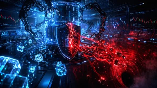 Dark cybersecurity scene showing a crypto trading bot breached and draining digital assets.