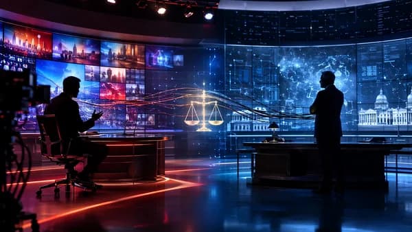 Generic TV host and regulator silhouettes divided by glowing legal scales in a futuristic tech studio.