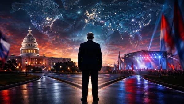 Silhouetted U.S. politician before the Capitol, campaign lights, and global map connections.