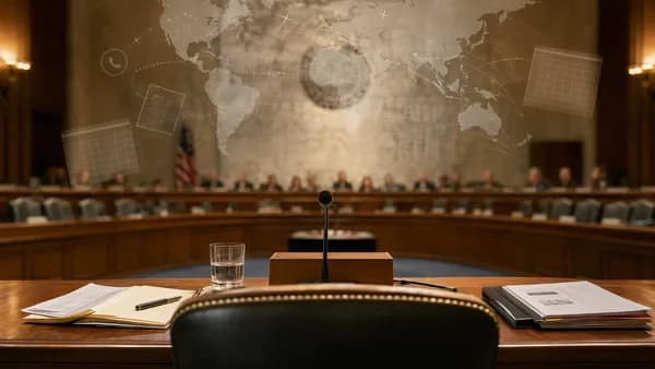 Empty witness chair in a hearing room with global map connections and travel-route overlays.
