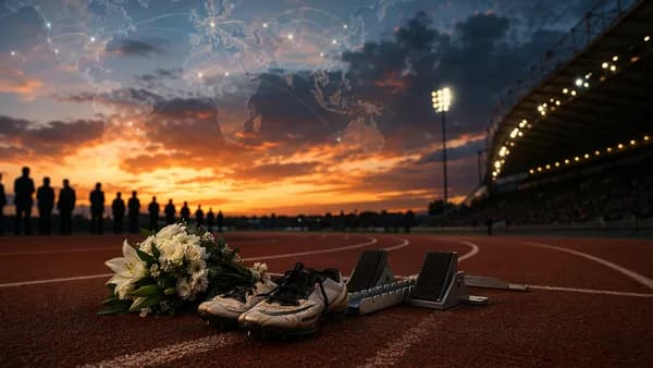 Empty running track memorial with shoes, flowers, and a subtle global map overlay at dusk.
