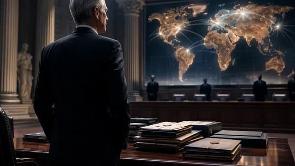Former adviser in courthouse setting with sealed documents and global map backdrop