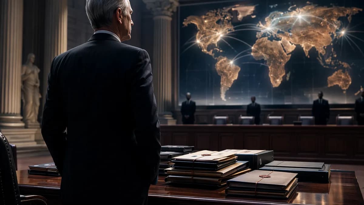 Former adviser in courthouse setting with sealed documents and global map backdrop