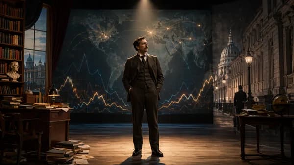 Stage-like London scene with economist figure, Whitehall, Bloomsbury, world map and global connection lights.