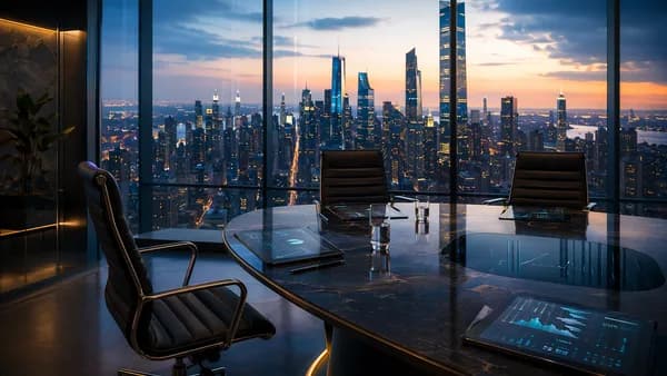 Executive boardroom with rearranged chairs and digital finance dashboards, symbolizing bank leadership succession.
